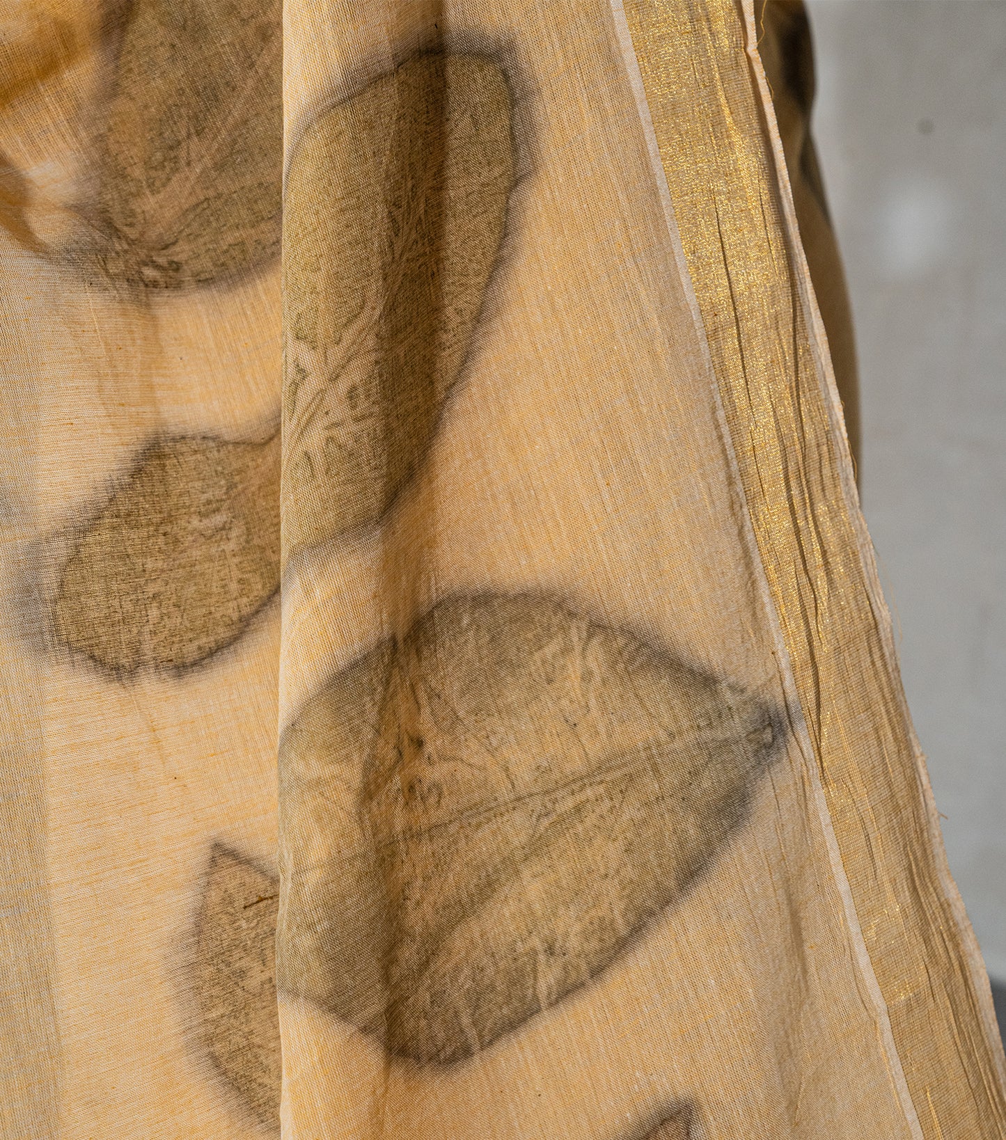 Teak wood leaves Big Pallu Soft Pumpkin Cotton Saree (Hand Dyed With Turmeric)