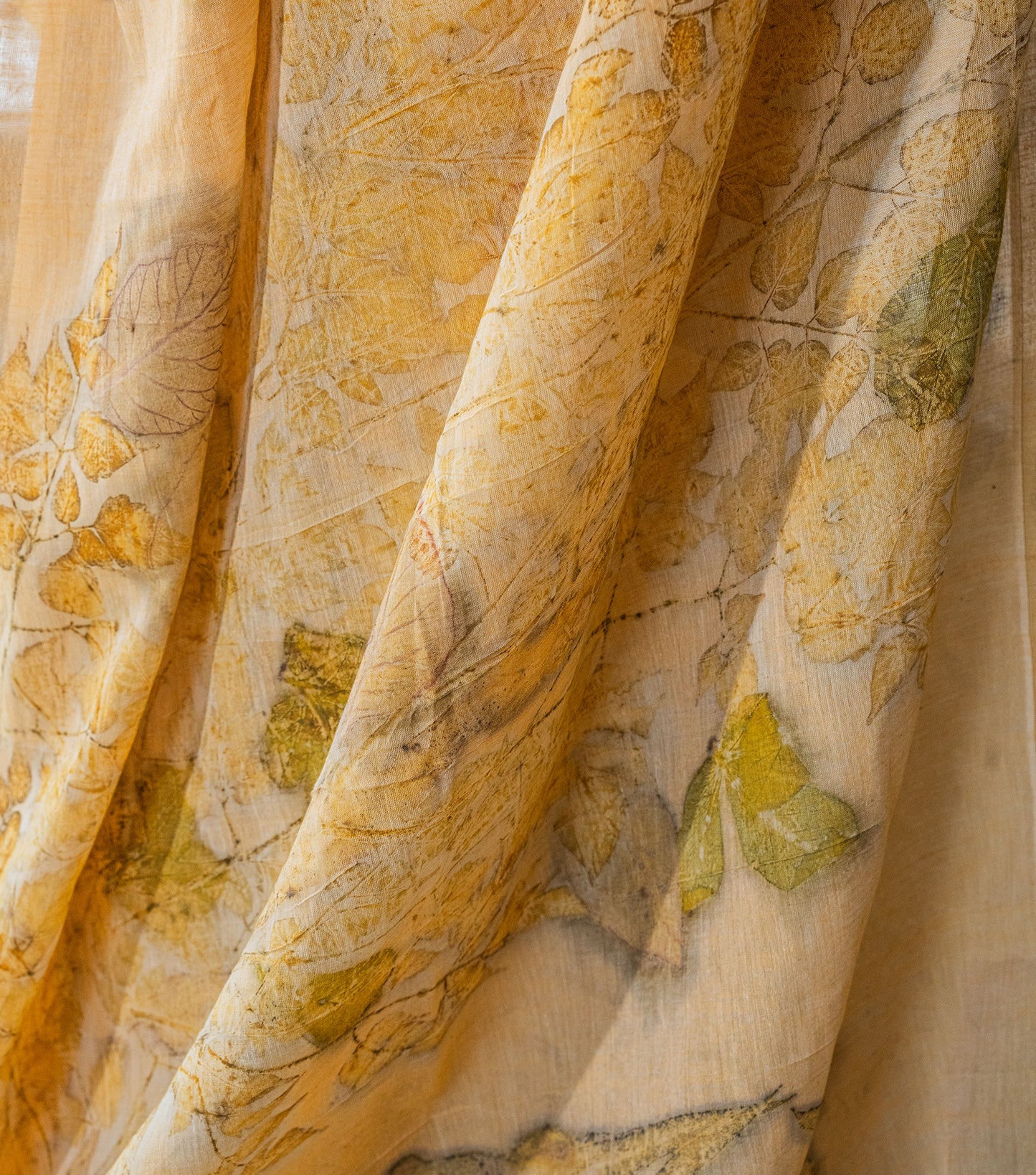 Ghar Desing Pallu with mix leaves Soft Pumpkin Cotton Saree (Hand Dyed With Turmeric)