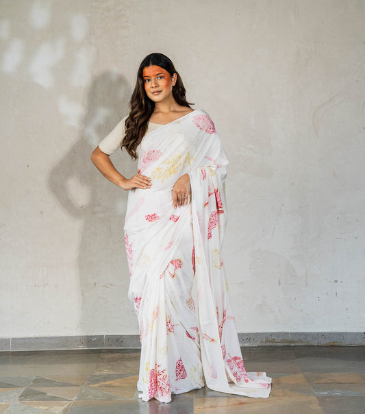 Ferns & Mix Leaves All Over Off White Cotton Saree (Hand Dyed With Harde)