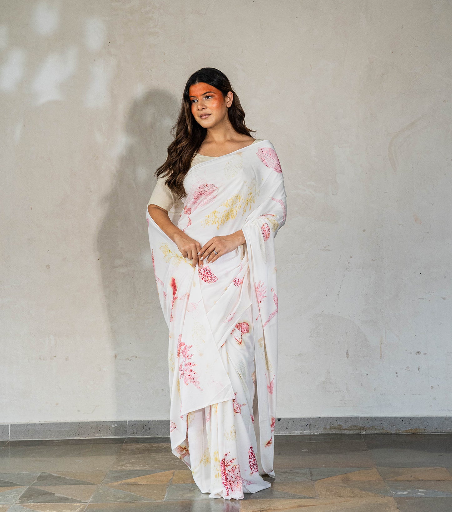 Ferns & Mix Leaves All Over Off White Cotton Saree (Hand Dyed With Harde)