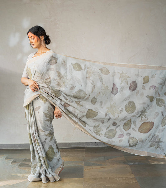 Teak Wood & Castor  Leaves All Over Ash Grey Cotton Saree (Hand Dyed With Iron Ore)