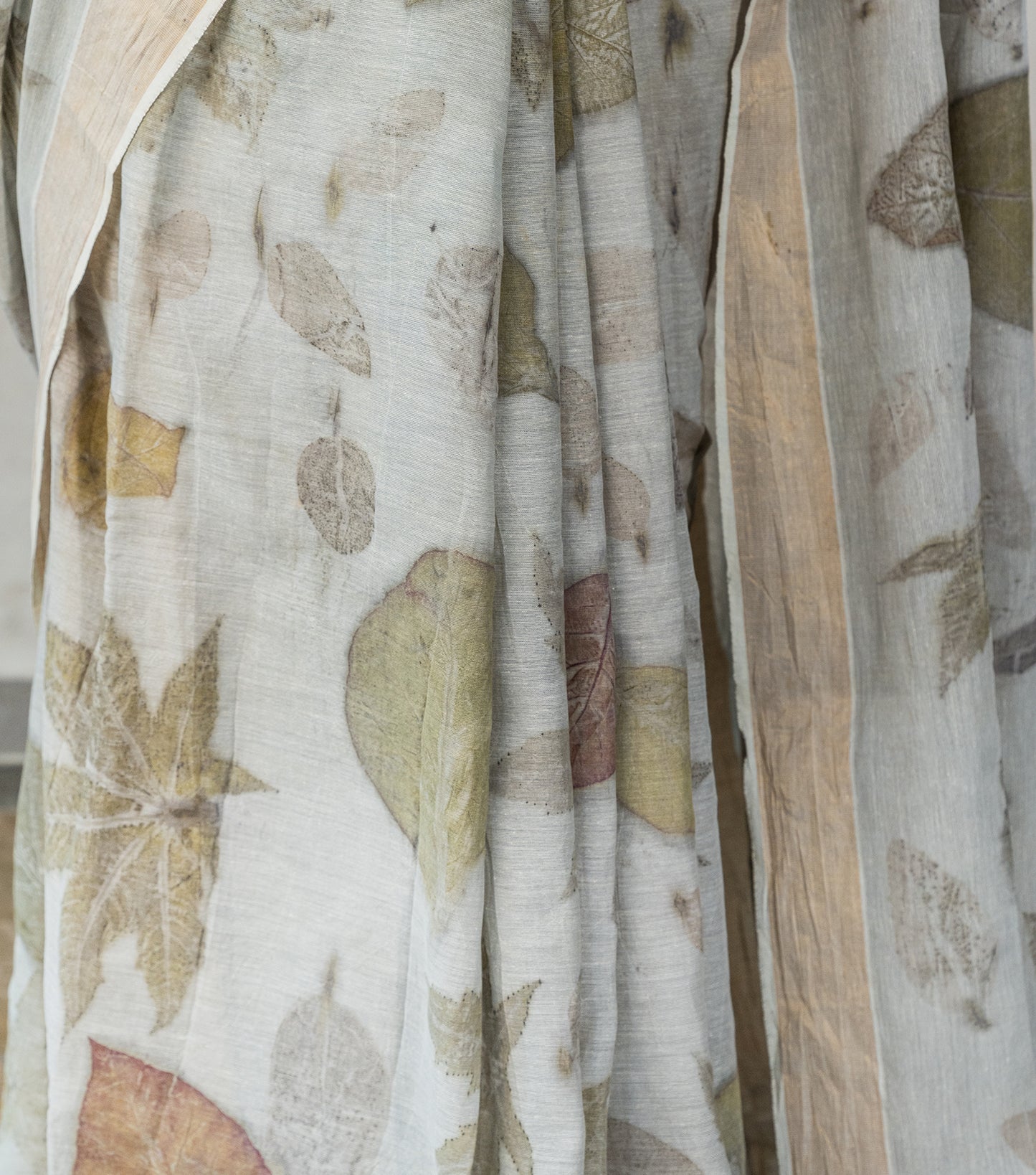 Teak Wood & Castor  Leaves All Over Ash Grey Cotton Saree (Hand Dyed With Iron Ore)