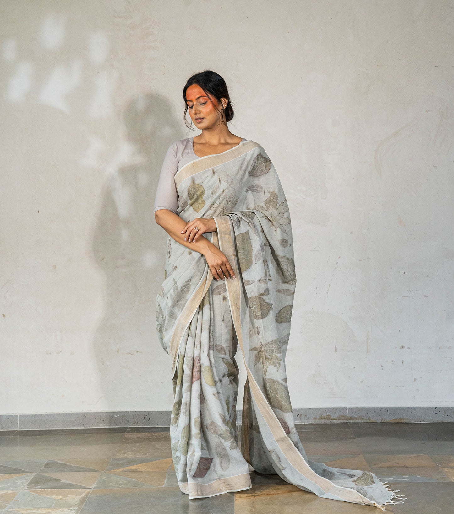 Teak Wood & Castor  Leaves All Over Ash Grey Cotton Saree (Hand Dyed With Iron Ore)