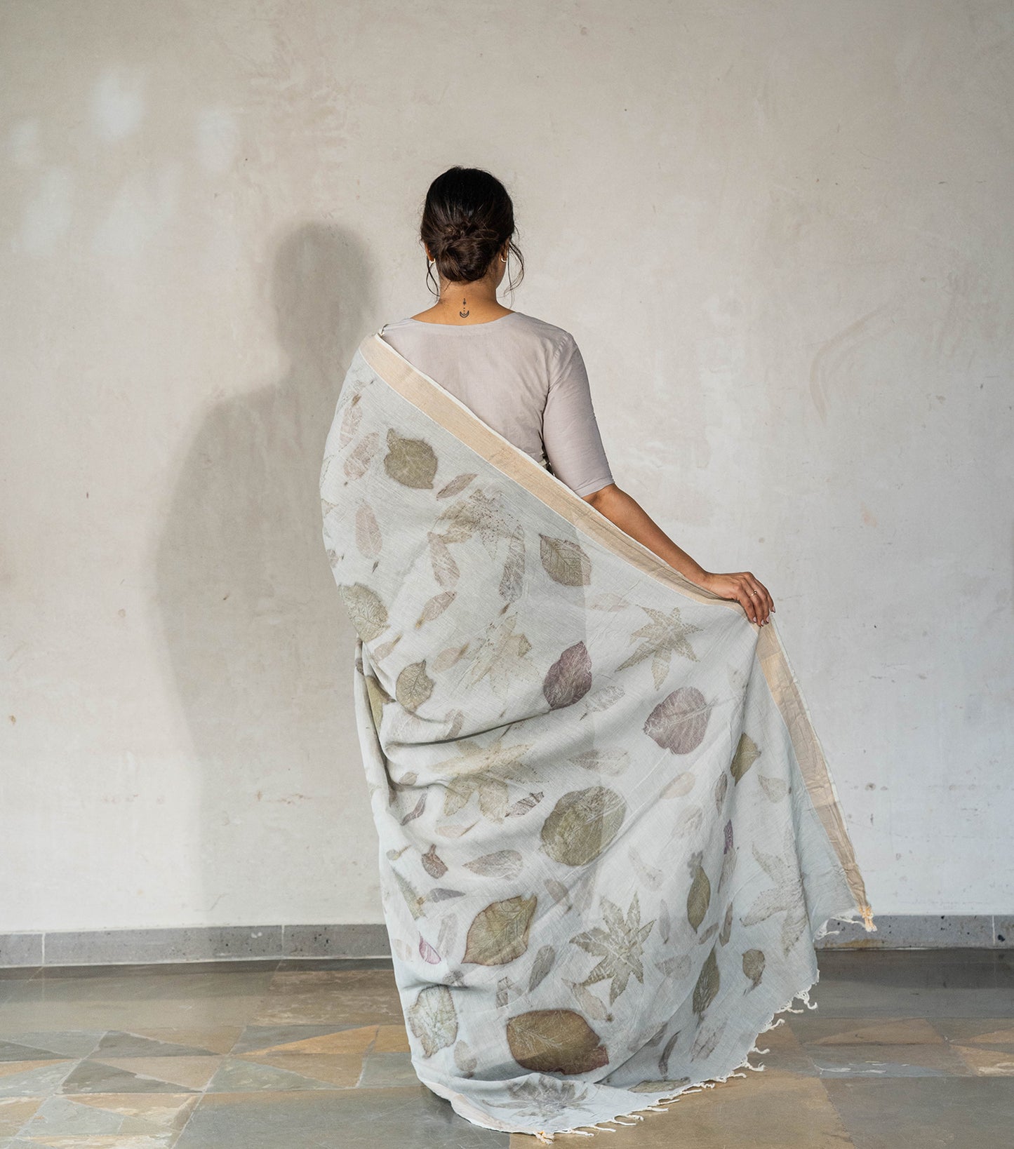 Teak Wood & Castor  Leaves All Over Ash Grey Cotton Saree (Hand Dyed With Iron Ore)