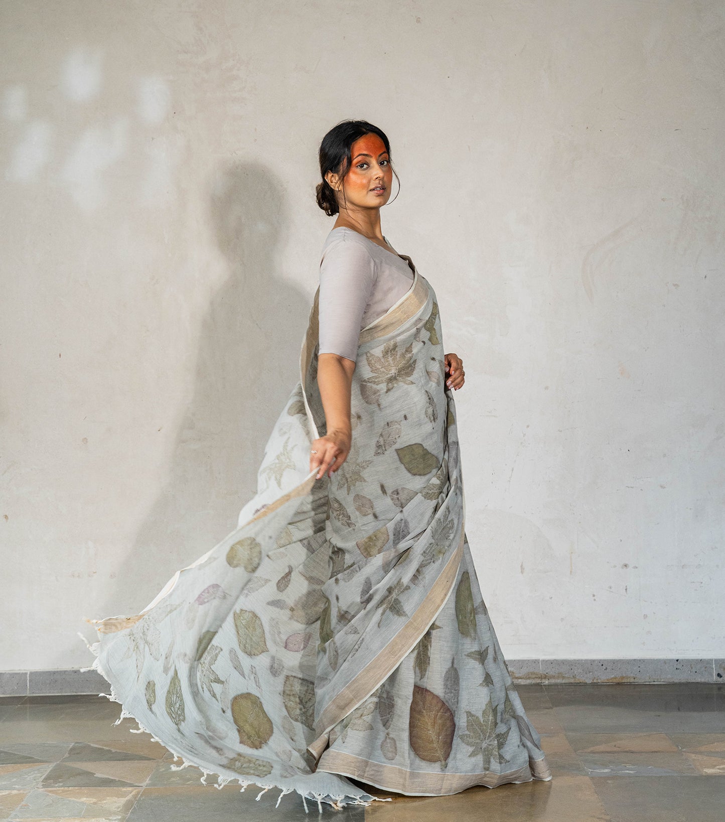 Teak Wood & Castor  Leaves All Over Ash Grey Cotton Saree (Hand Dyed With Iron Ore)