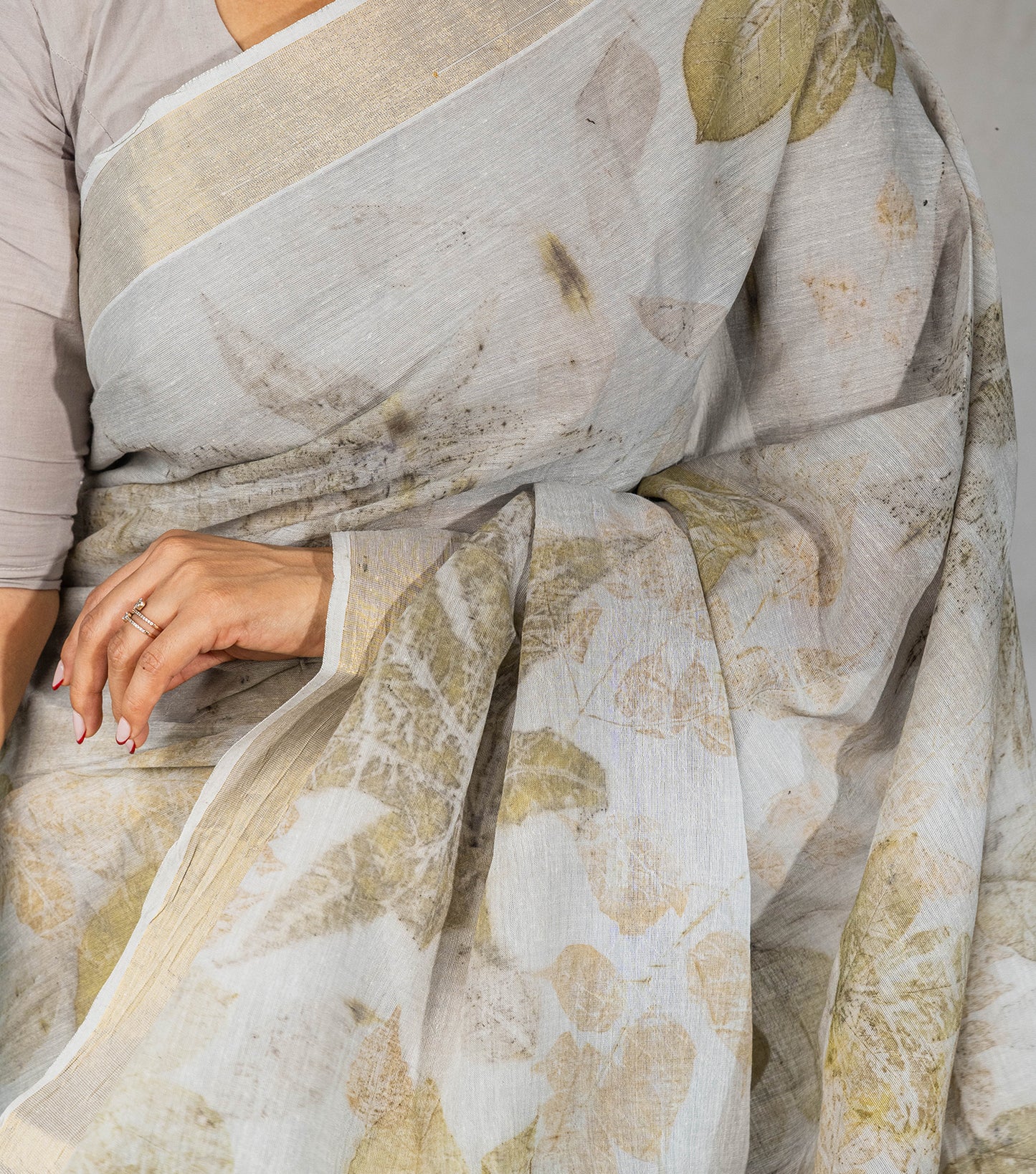Mix Leaves All Over Ash Grey Cotton Saree (Hand Dyed With Iron Ore)