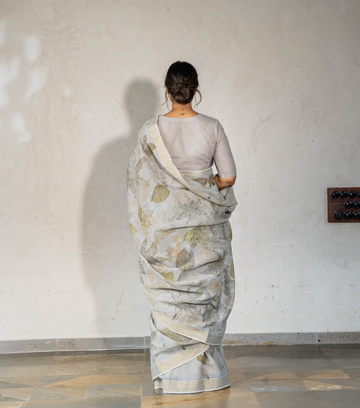 Mix Leaves All Over Ash Grey Cotton Saree (Hand Dyed With Iron Ore)