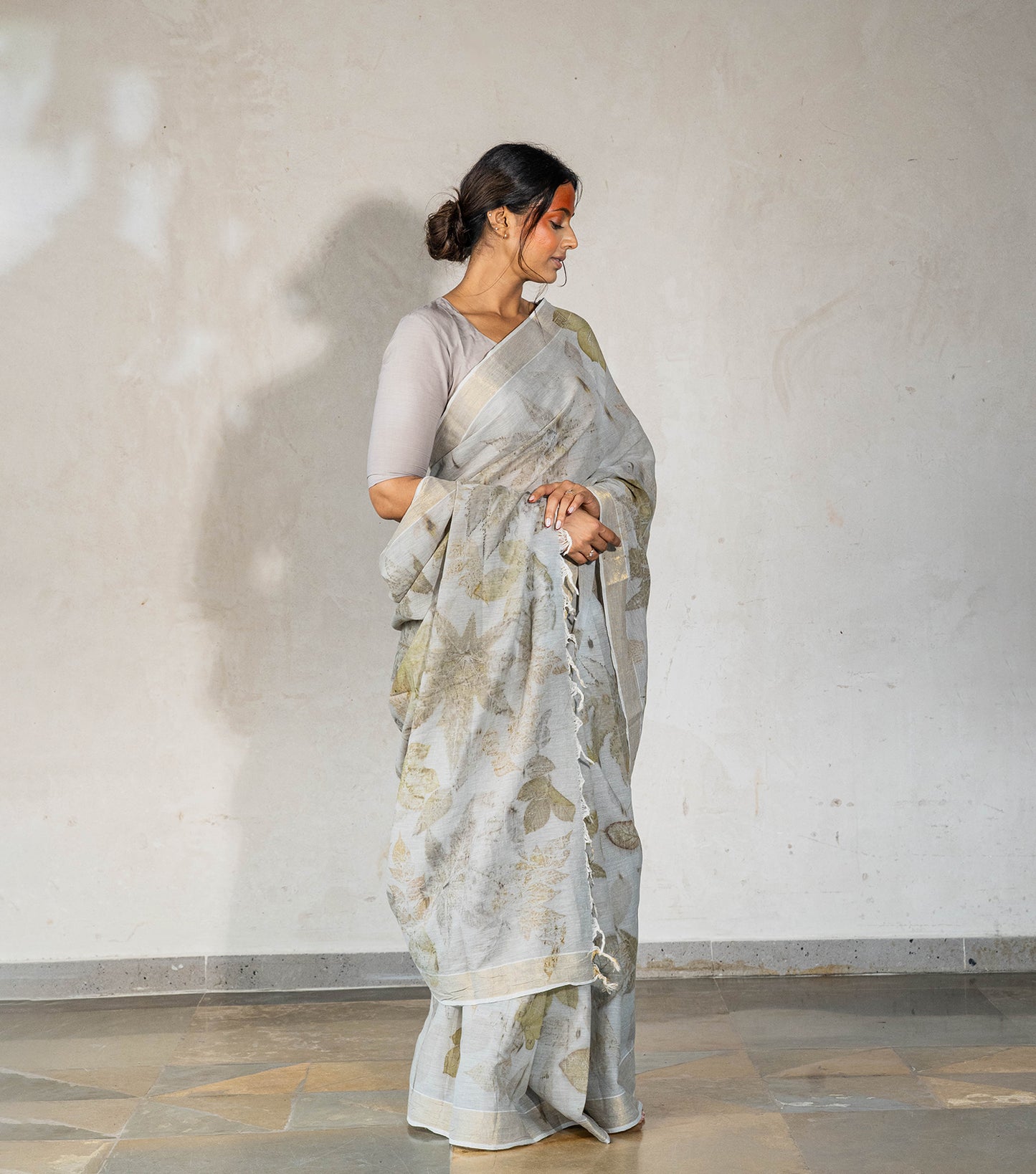 Mix Leaves All Over Ash Grey Cotton Saree (Hand Dyed With Iron Ore)