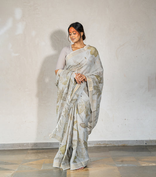 Mix Leaves All Over Ash Grey Cotton Saree (Hand Dyed With Iron Ore)