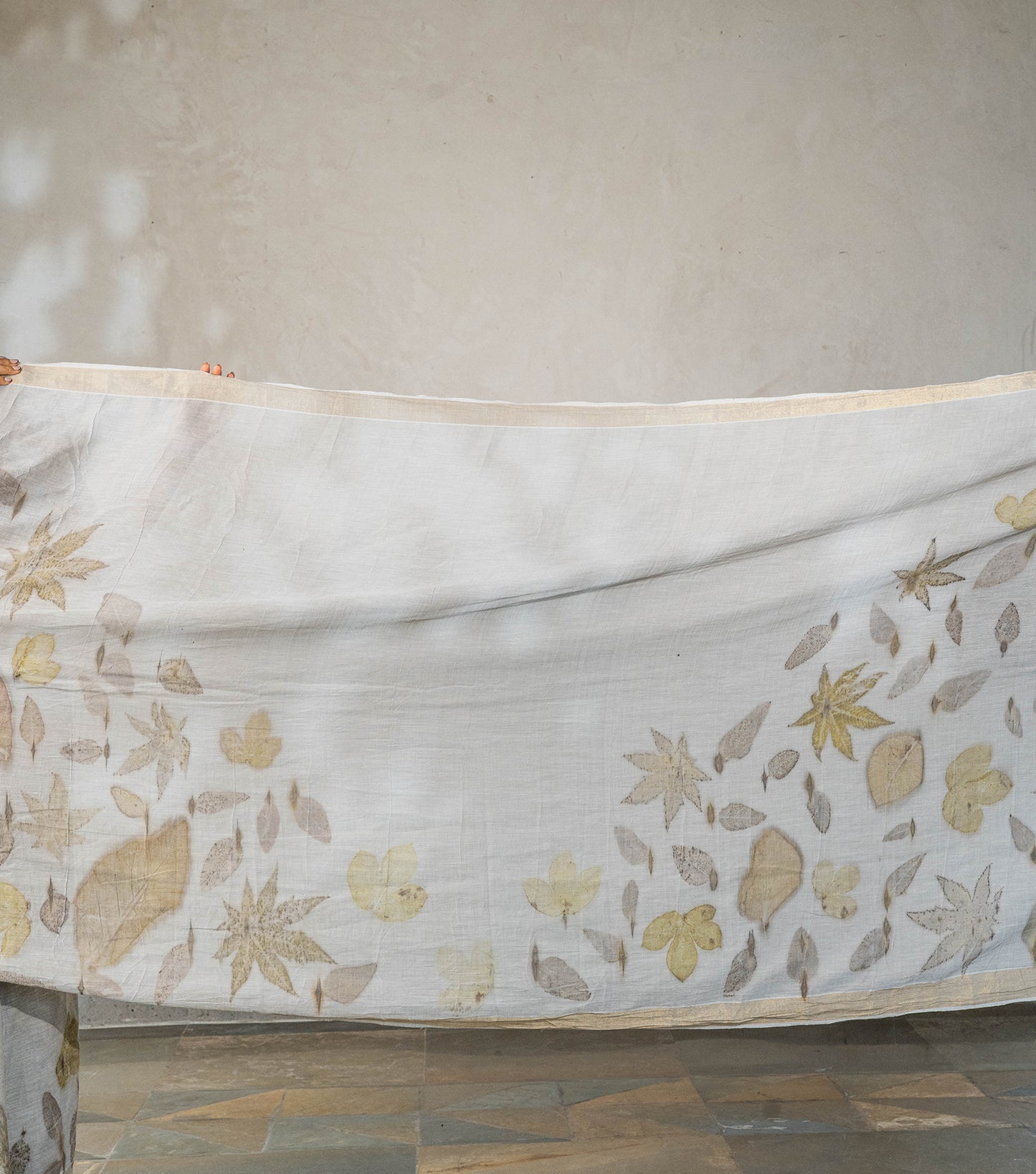 Mountains (Triangle) Design Teak Wood Leaves Ash Grey Cotton Saree (Hand Dyed With Iron Ore)