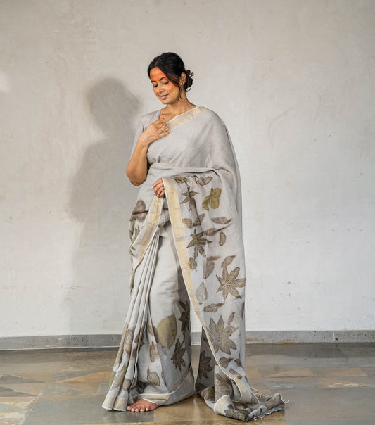 Castor & Teak Leaves Pallu with Boarder Ash Grey Cotton Saree (Hand Dyed With Iron Ore)