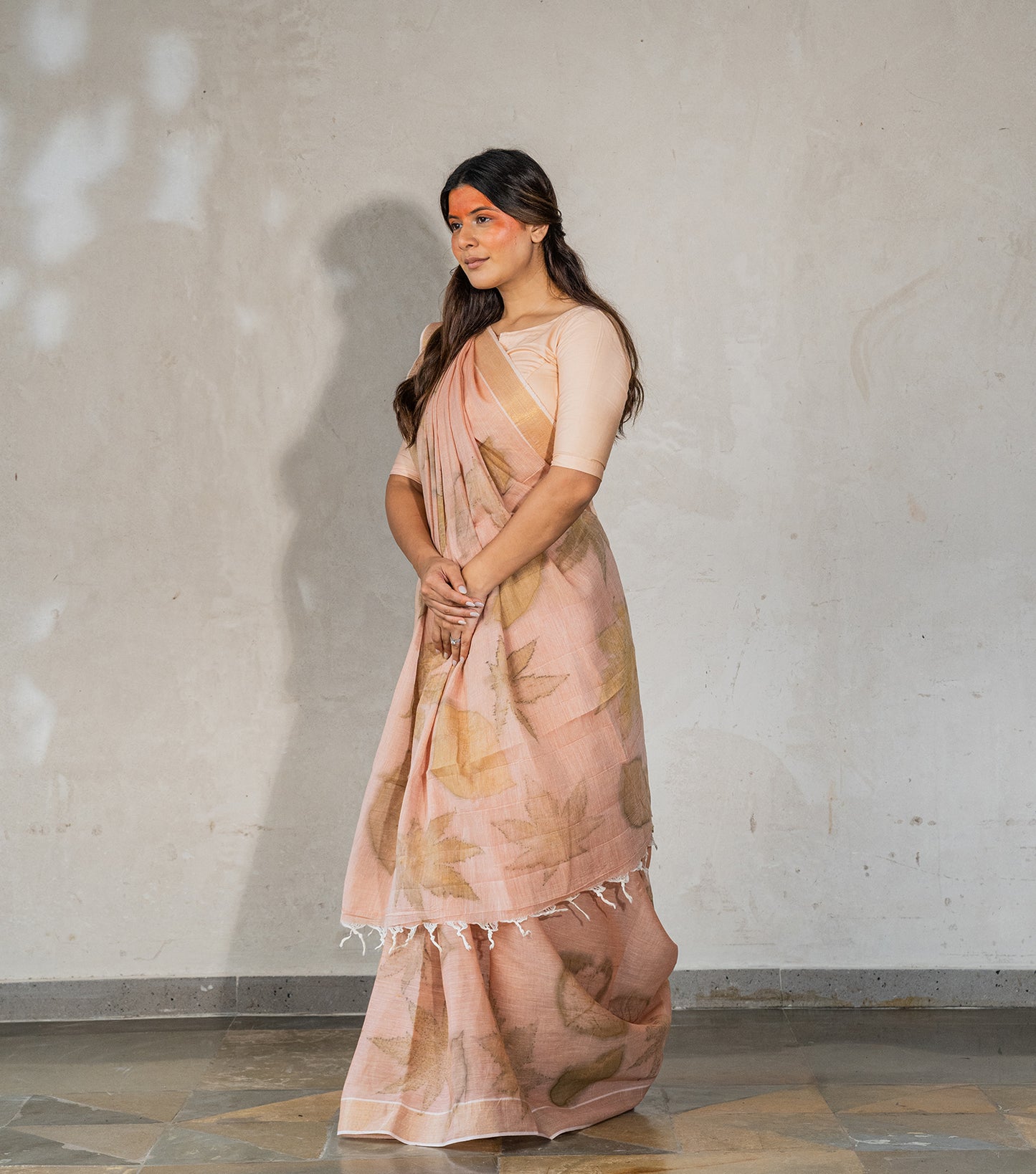 Castor & Teak Leaves Pallu with Boarder Soft Flamingo Pink Cotton Saree (Hand Dyed With Manjeestha Roots)
