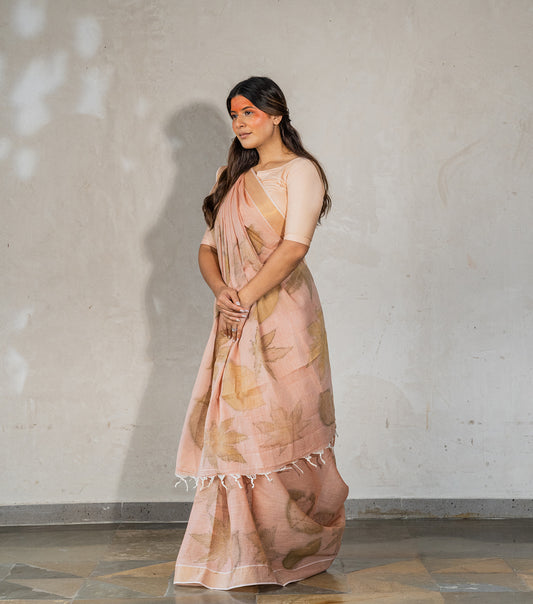 Castor & Teak Leaves Pallu with Boarder Soft Flamingo Pink Cotton Saree (Hand Dyed With Manjeestha Roots)