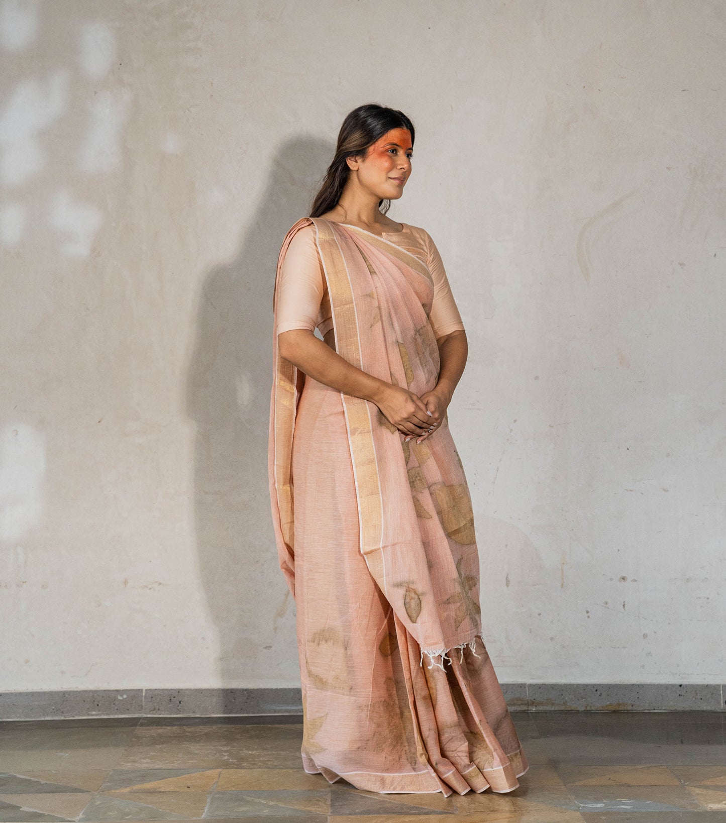 Castor & Teak Leaves Pallu with Boarder Soft Flamingo Pink Cotton Saree (Hand Dyed With Manjeestha Roots)