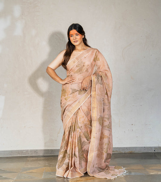 Mix Leaves All Over Soft Flamingo Pink Cotton Saree (Hand Dyed With Manjeestha Roots)