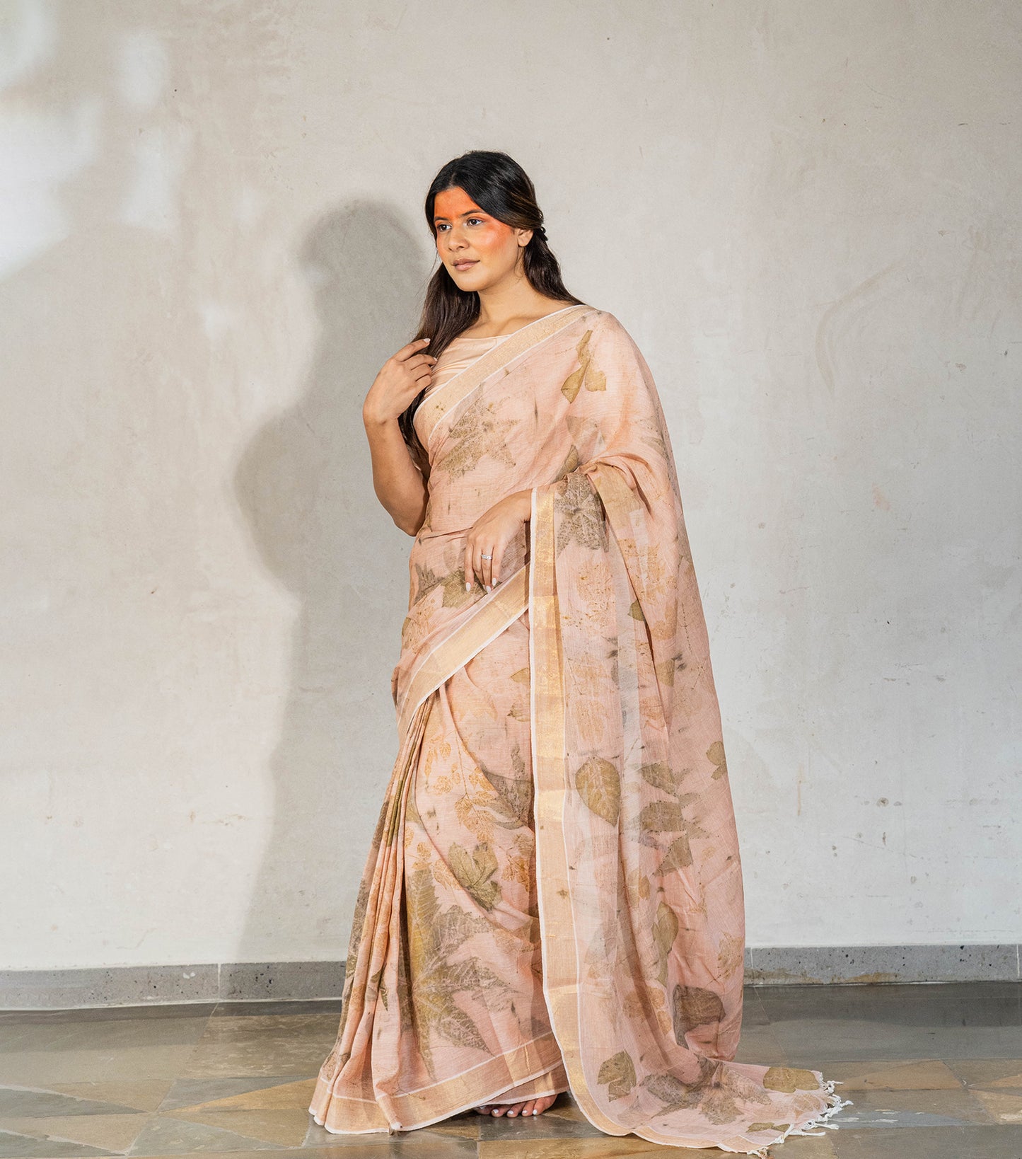 Mix Leaves All Over Soft Flamingo Pink Cotton Saree (Hand Dyed With Manjeestha Roots)