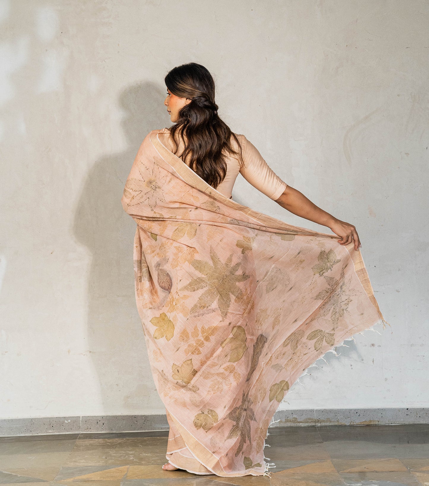 Mix Leaves All Over Soft Flamingo Pink Cotton Saree (Hand Dyed With Manjeestha Roots)