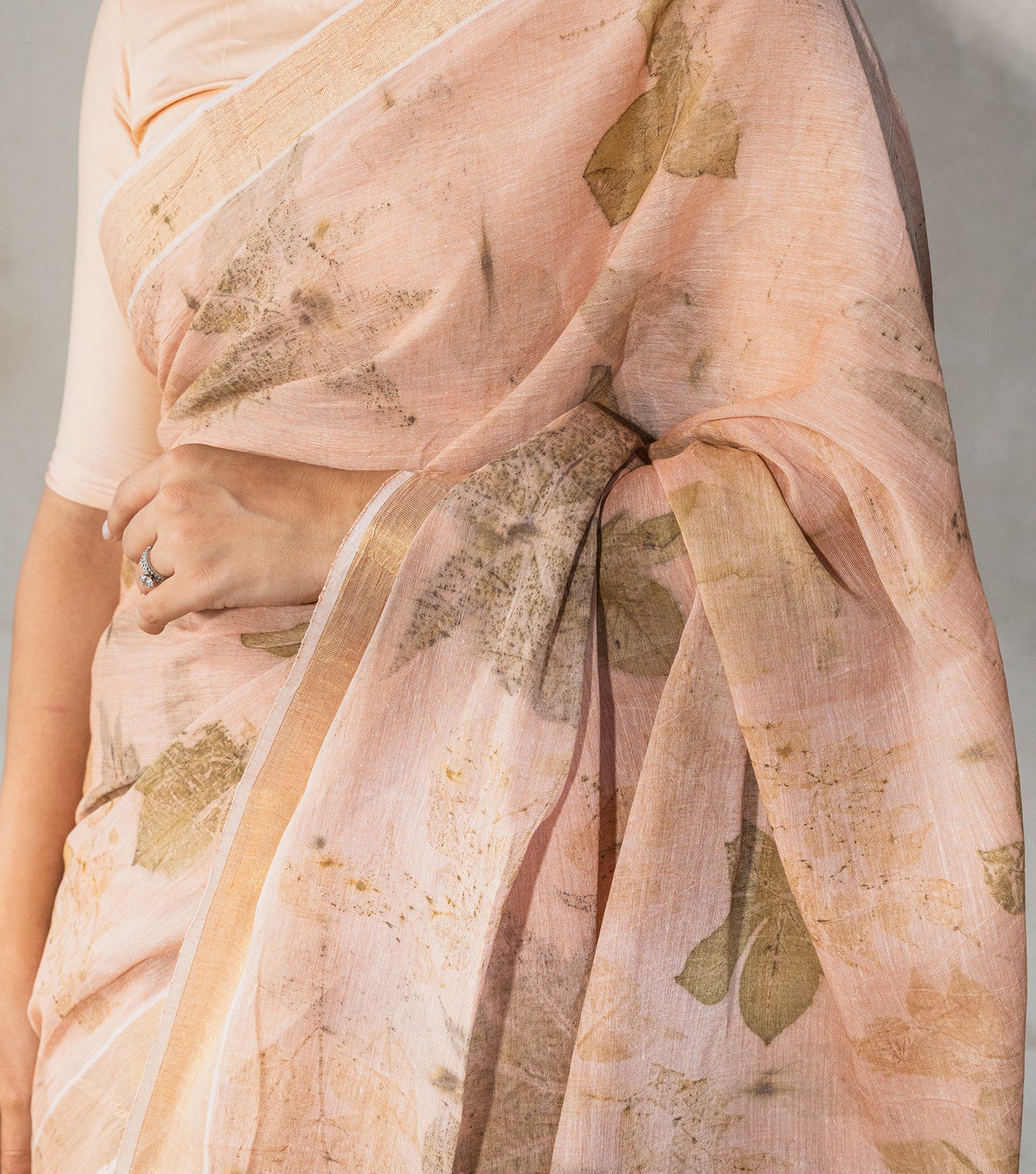 Mix Leaves All Over Soft Flamingo Pink Cotton Saree (Hand Dyed With Manjeestha Roots)