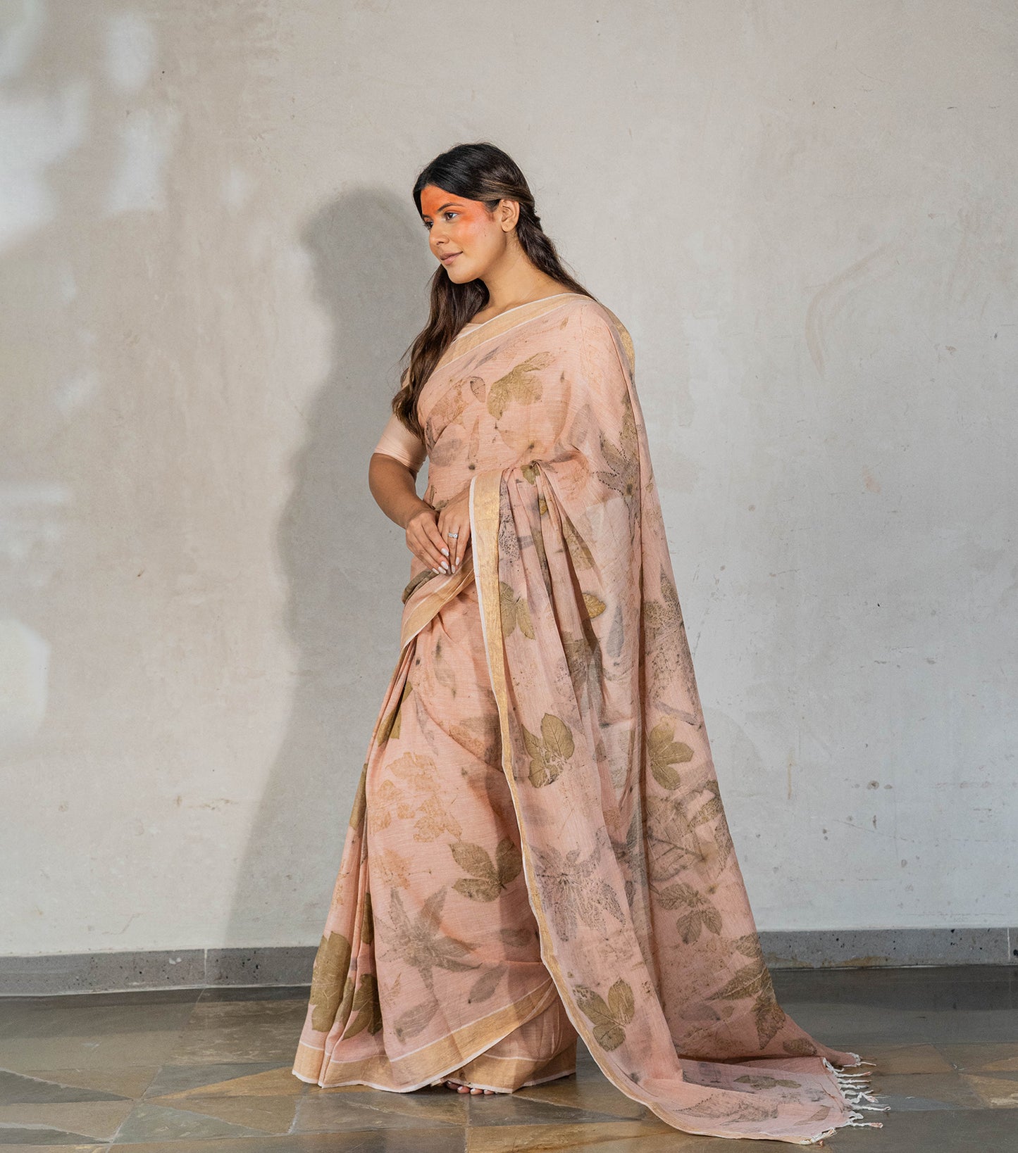 Guava & Castor Leaves All Over with Boarder Soft Flamingo Pink Cotton Saree (Hand Dyed With Manjeestha Roots)