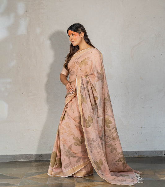 Guava & Castor Leaves All Over with Boarder Soft Flamingo Pink Cotton Saree (Hand Dyed With Manjeestha Roots)