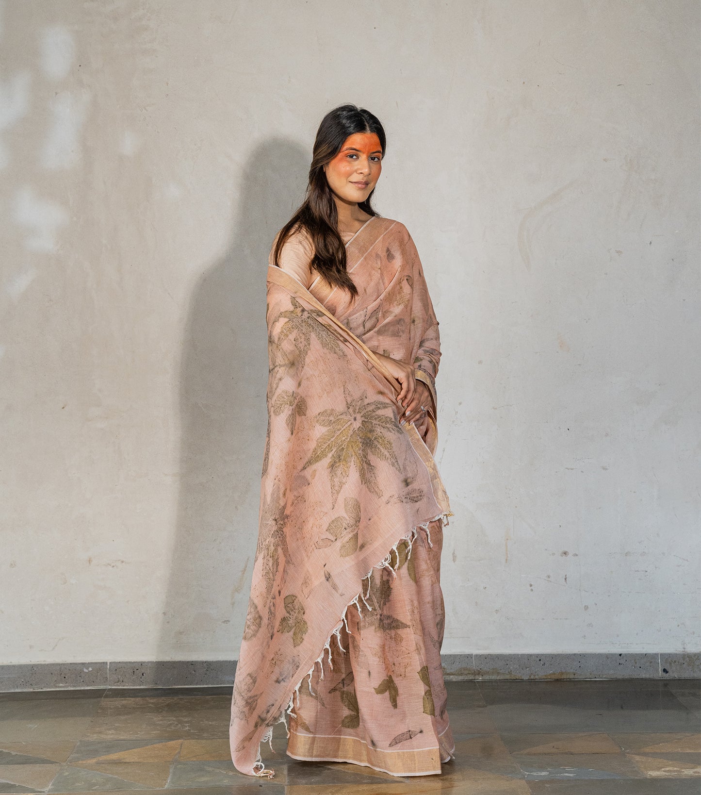 Guava & Castor Leaves All Over with Boarder Soft Flamingo Pink Cotton Saree (Hand Dyed With Manjeestha Roots)