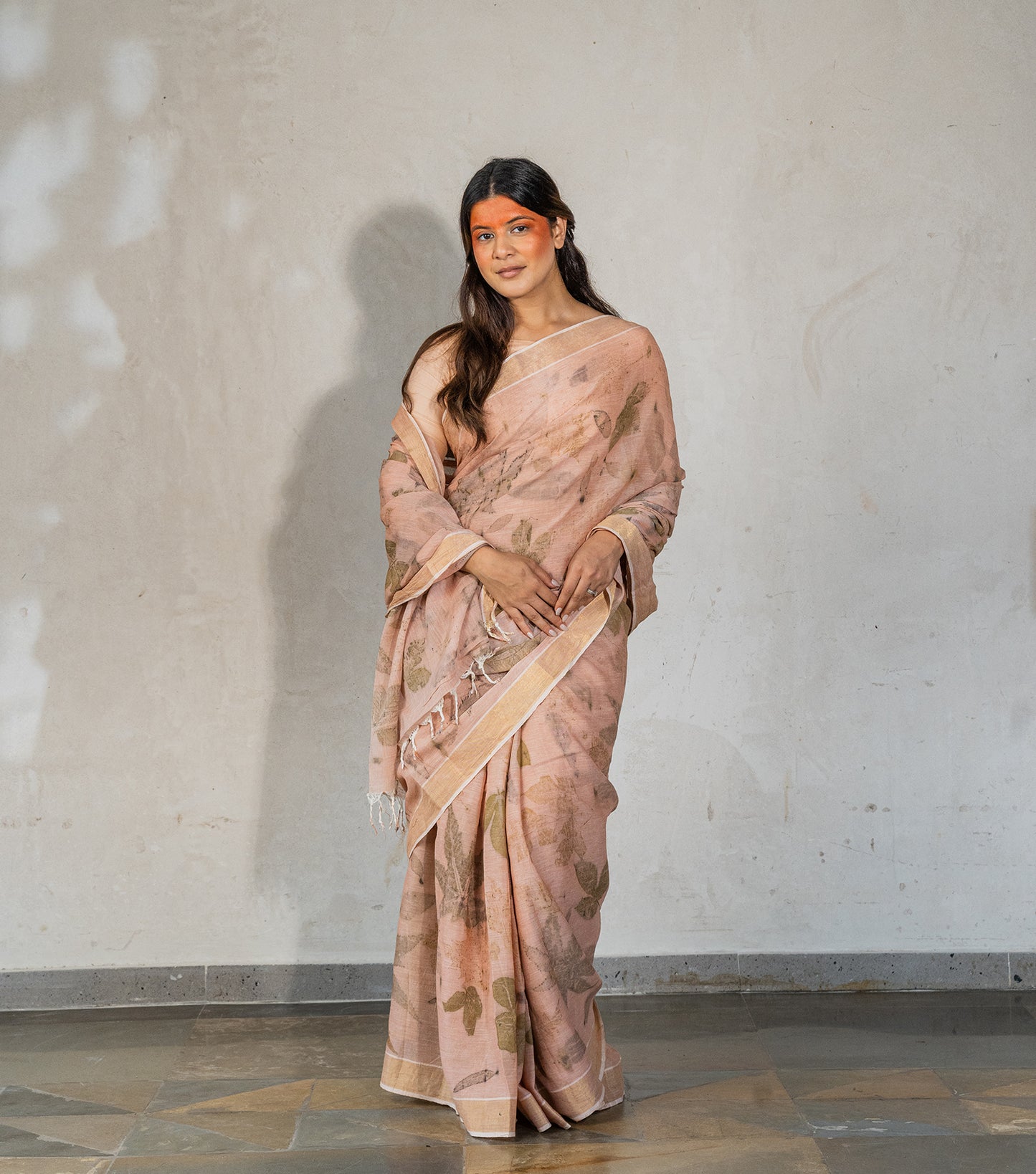 Guava & Castor Leaves All Over with Boarder Soft Flamingo Pink Cotton Saree (Hand Dyed With Manjeestha Roots)