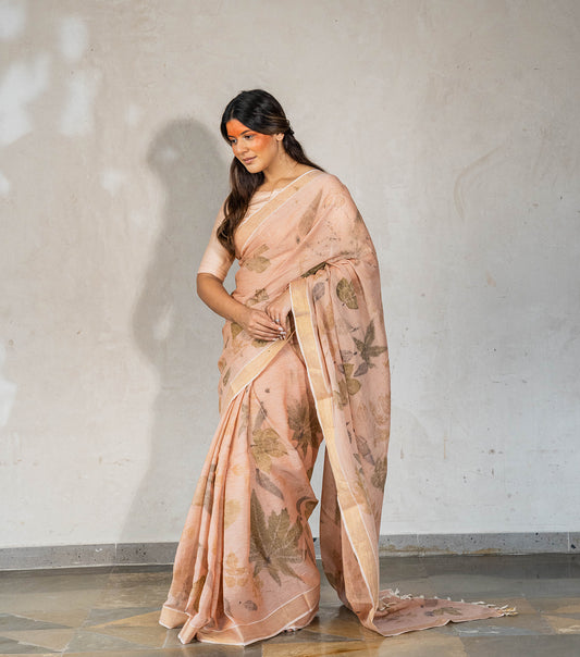 Jatropha & Castor Leaves All Over with Boarder Soft Flamingo Pink Cotton Saree (Hand Dyed With Manjeestha Roots)