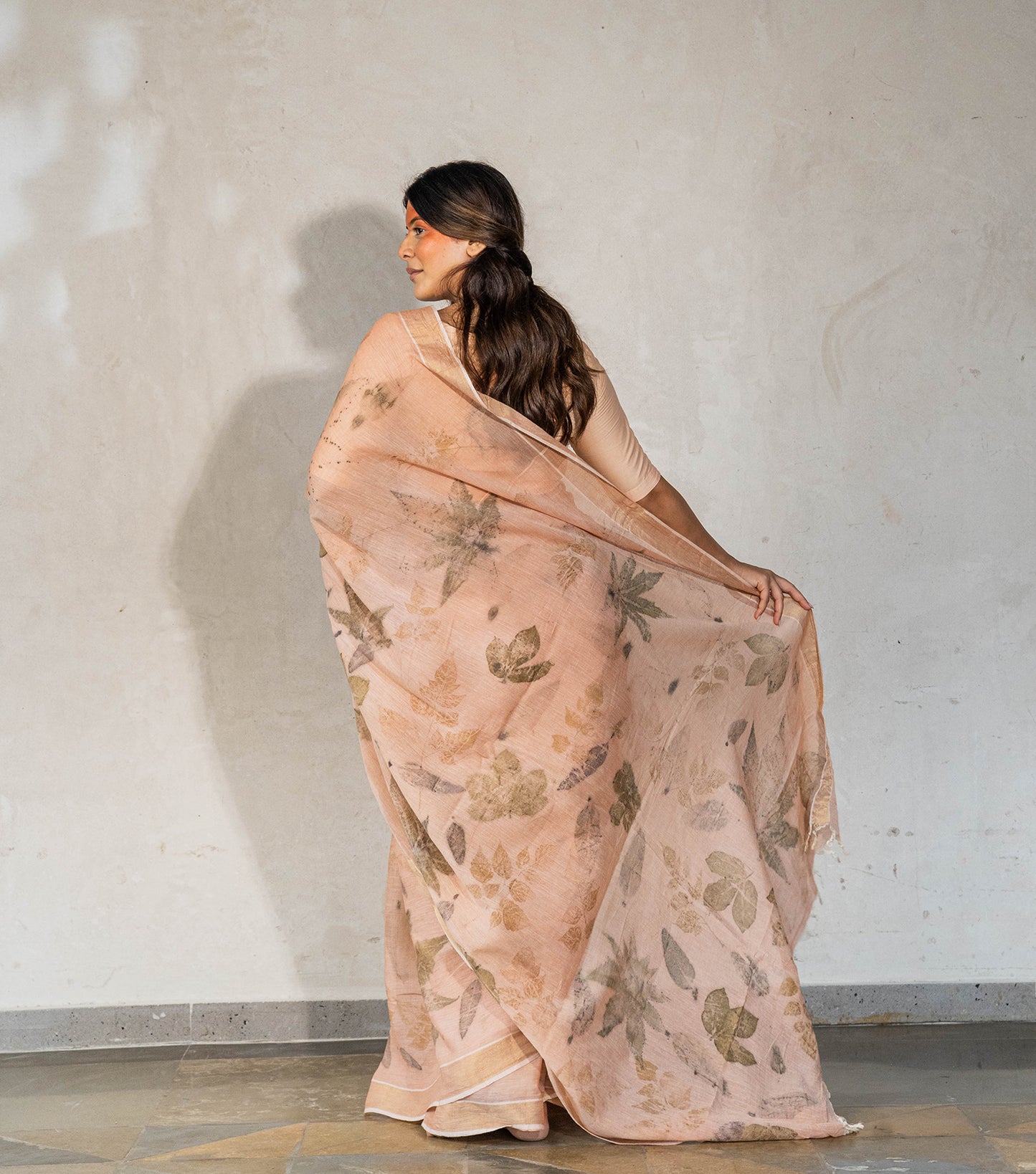 Jatropha & Castor Leaves All Over with Boarder Soft Flamingo Pink Cotton Saree (Hand Dyed With Manjeestha Roots)