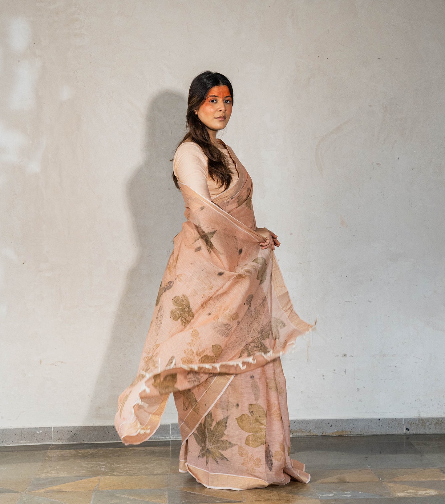 Jatropha & Castor Leaves All Over with Boarder Soft Flamingo Pink Cotton Saree (Hand Dyed With Manjeestha Roots)