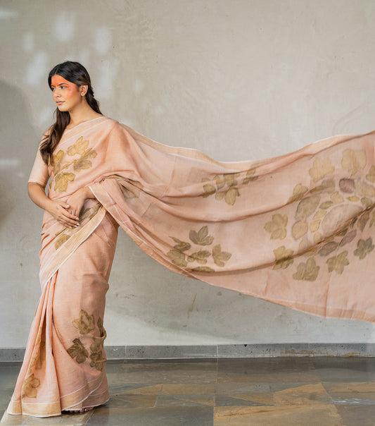 Auro Mandal Design Pallu with mix leaves Soft Flamingo Pink Cotton Saree (Hand Dyed With Manjeestha Roots)