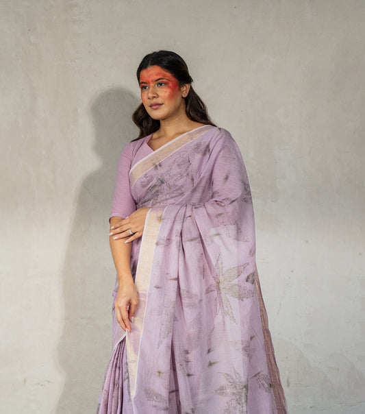 Castor Oil Leaves All Over Soft Lilac Saree(Hand Dyed With Jamun Extract)
