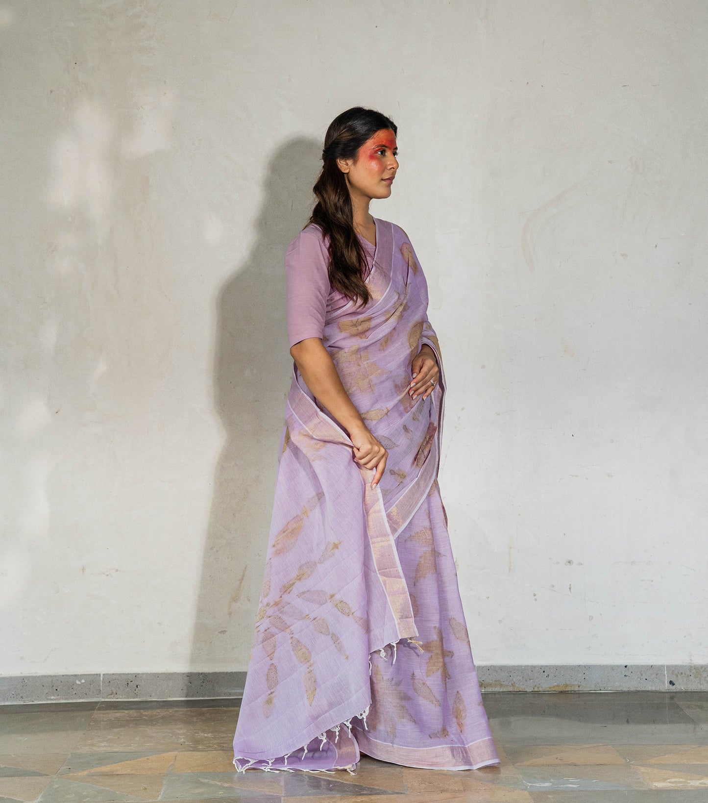 Eucalyptus leaves  Circle Design Soft Lilac Cotton Saree (Hand Dyed With Jamun Extract)