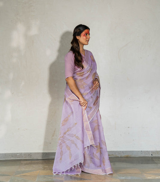 Eucalyptus leaves  Circle Design Soft Lilac Cotton Saree (Hand Dyed With Jamun Extract)