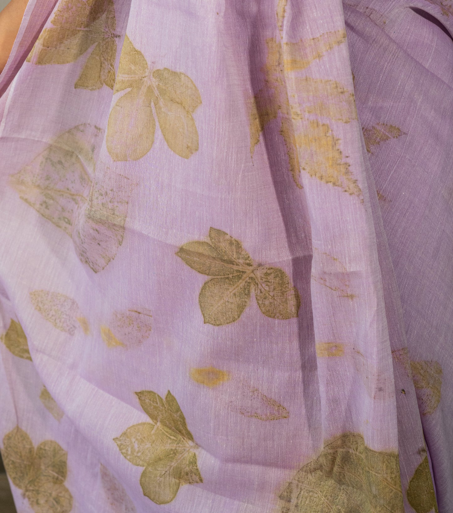 Teak Wood leaves on Big Pallu Soft Lilac Cotton Saree (Hand Dyed With Jamun Extract)