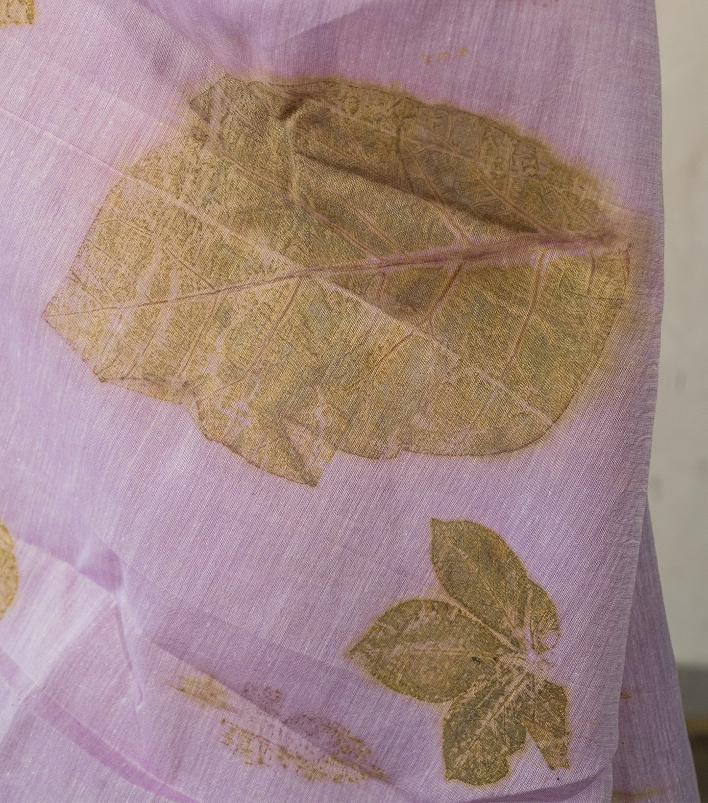 Teak Wood leaves on Big Pallu Soft Lilac Cotton Saree (Hand Dyed With Jamun Extract)