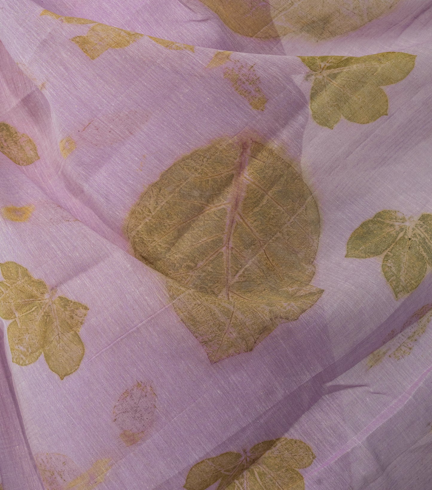 Teak Wood leaves on Big Pallu Soft Lilac Cotton Saree (Hand Dyed With Jamun Extract)