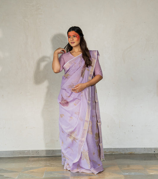 Teak Wood leaves on Big Pallu Soft Lilac Cotton Saree (Hand Dyed With Jamun Extract)