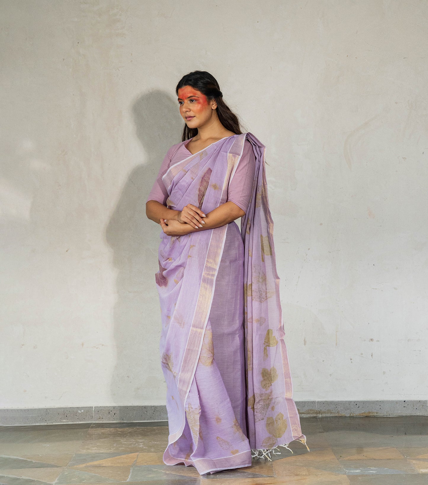 Teak Wood leaves on Big Pallu Soft Lilac Cotton Saree (Hand Dyed With Jamun Extract)