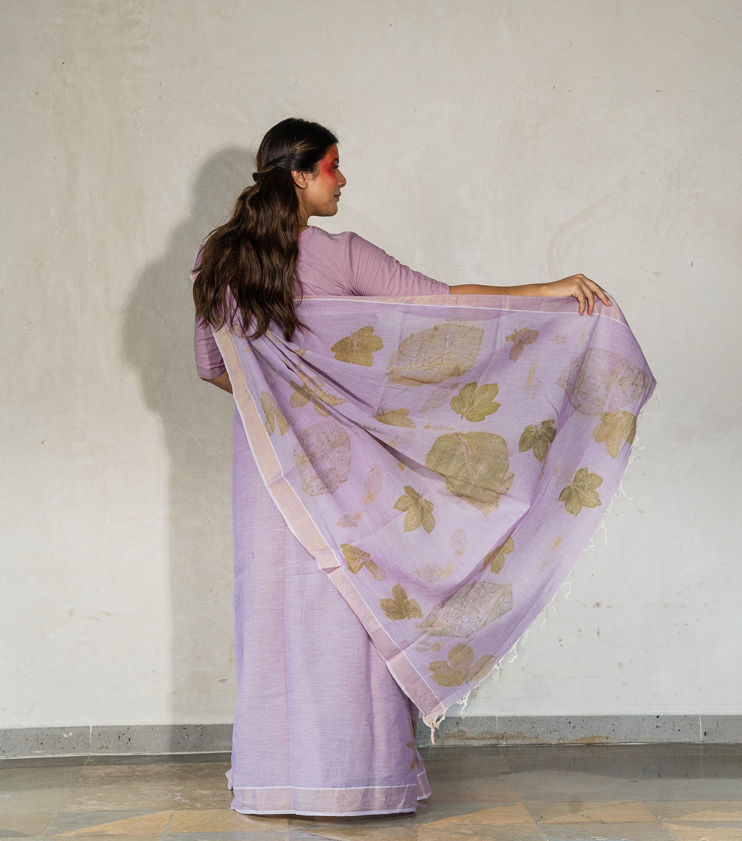 Teak Wood leaves on Big Pallu Soft Lilac Cotton Saree (Hand Dyed With Jamun Extract)