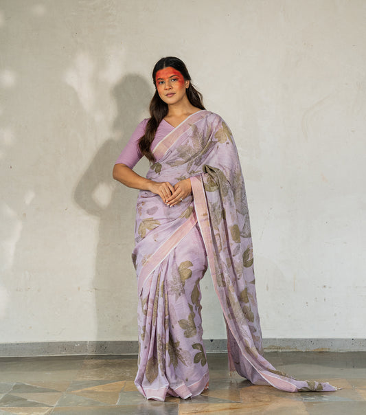 Mix leaves on All Over Soft Lilac Cotton Saree (Hand Dyed With Jamun Extract)
