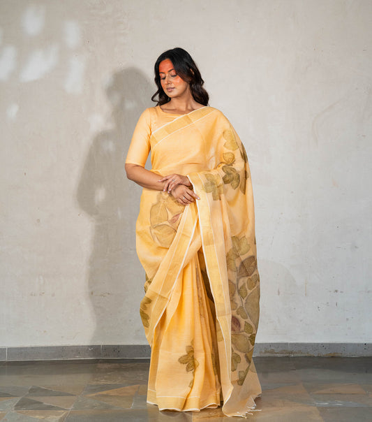 Auro Mandal Pallu Design with Jethroba leaves  Soft Pumpkin Cotton Saree (Hand Dyed With Turmeric)