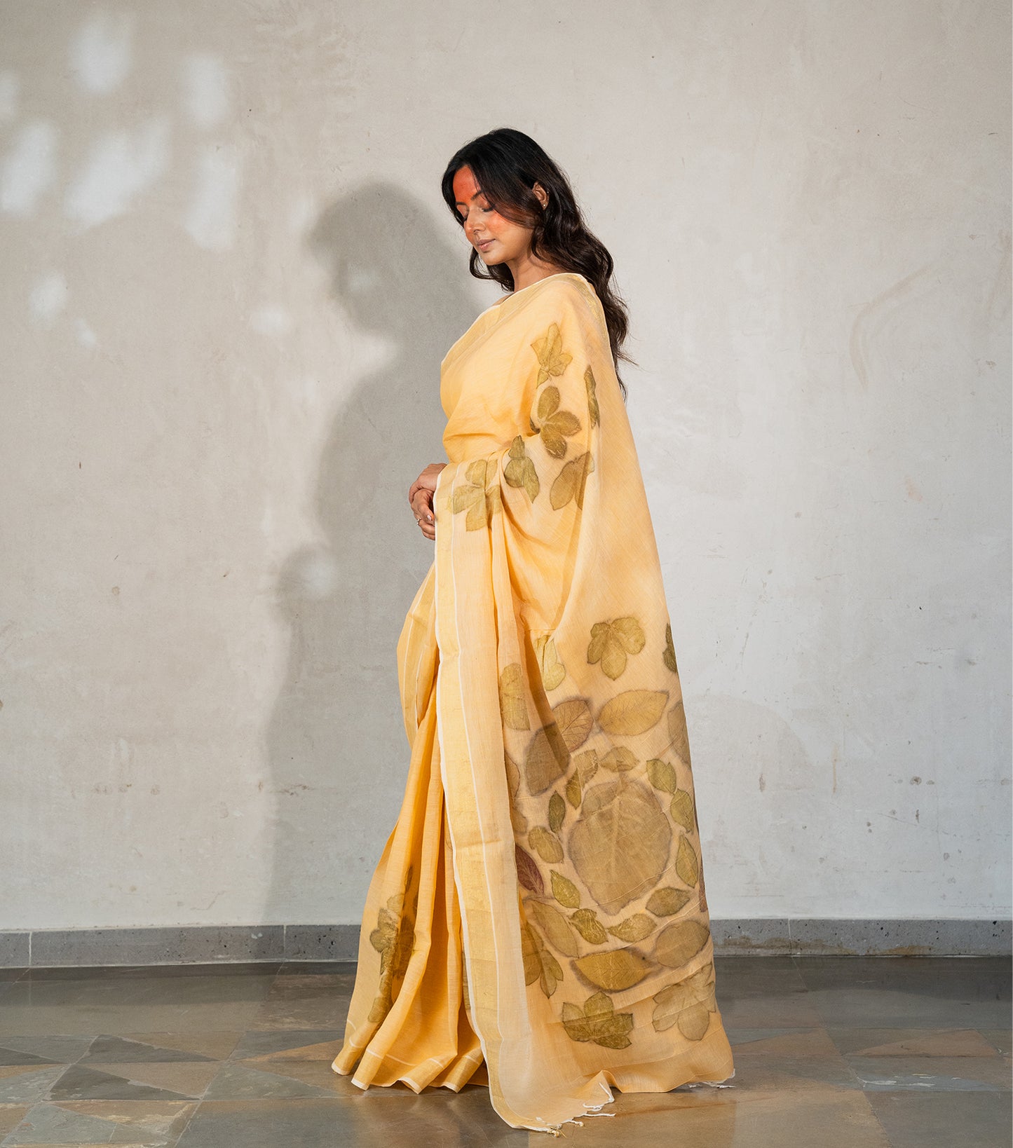Auro Mandal Pallu Design with Jethroba leaves  Soft Pumpkin Cotton Saree (Hand Dyed With Turmeric)