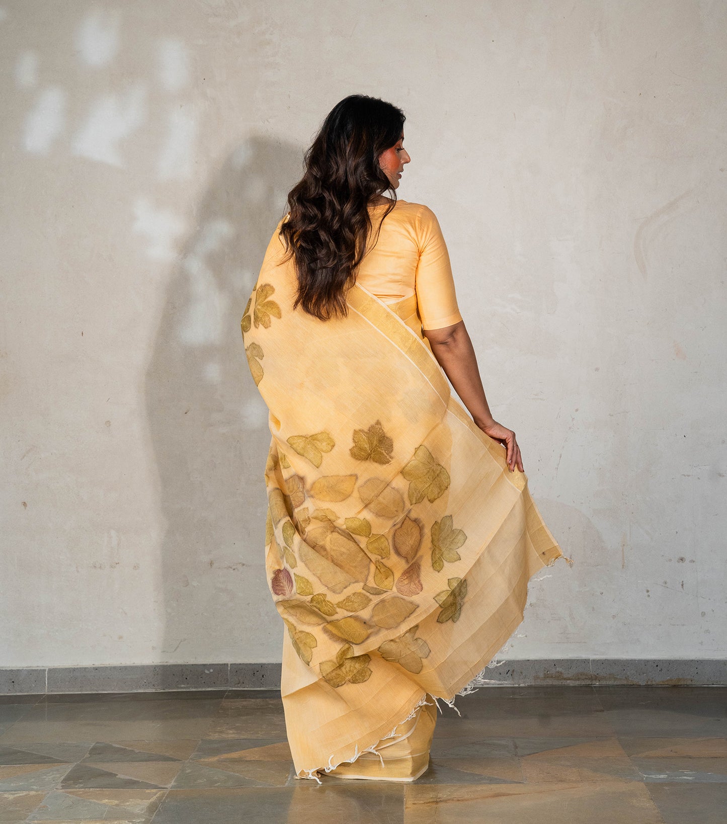 Auro Mandal Pallu Design with Jethroba leaves  Soft Pumpkin Cotton Saree (Hand Dyed With Turmeric)