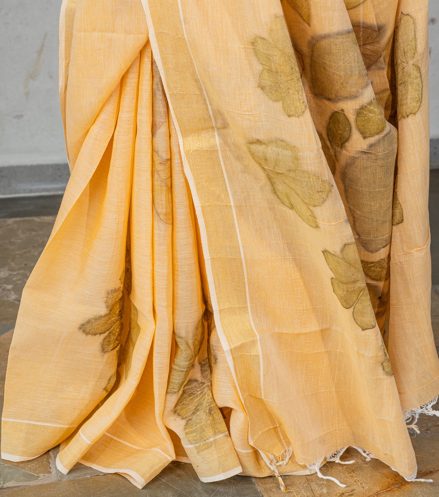 Auro Mandal Pallu Design with Jethroba leaves  Soft Pumpkin Cotton Saree (Hand Dyed With Turmeric)
