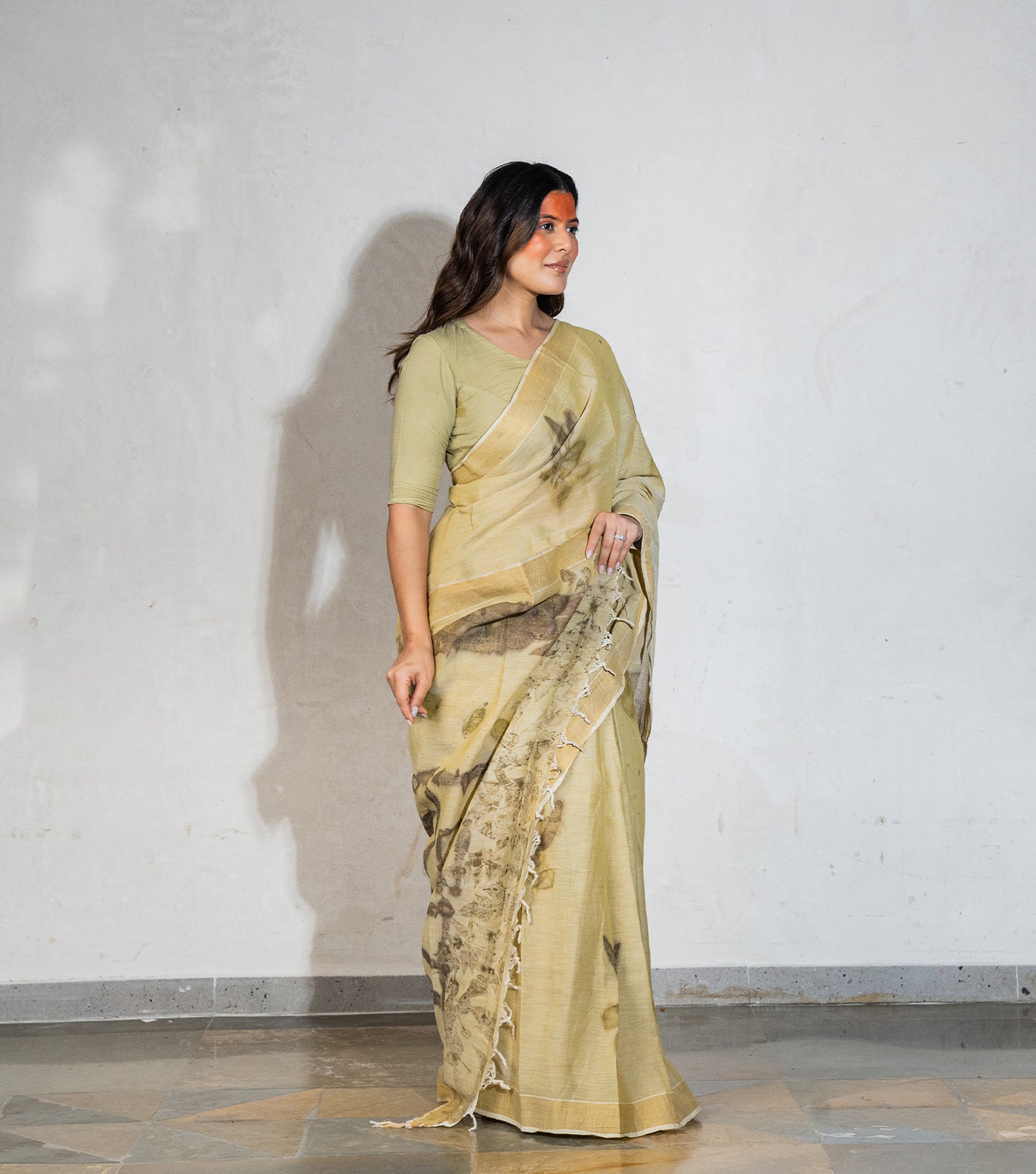 Ghar Design Pallu with Mix leaves Light Green Cotton Saree (Hand Dyed With Spinach Extract)