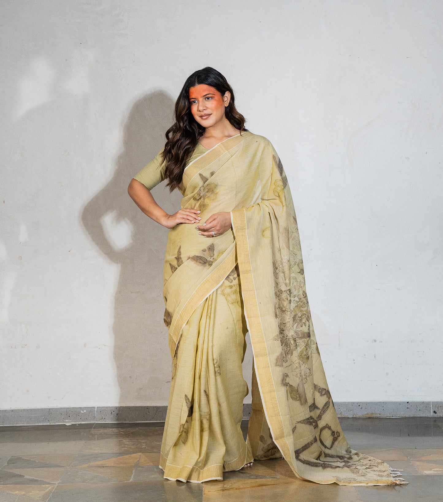 Ghar Design Pallu with Mix leaves Light Green Cotton Saree (Hand Dyed With Spinach Extract)