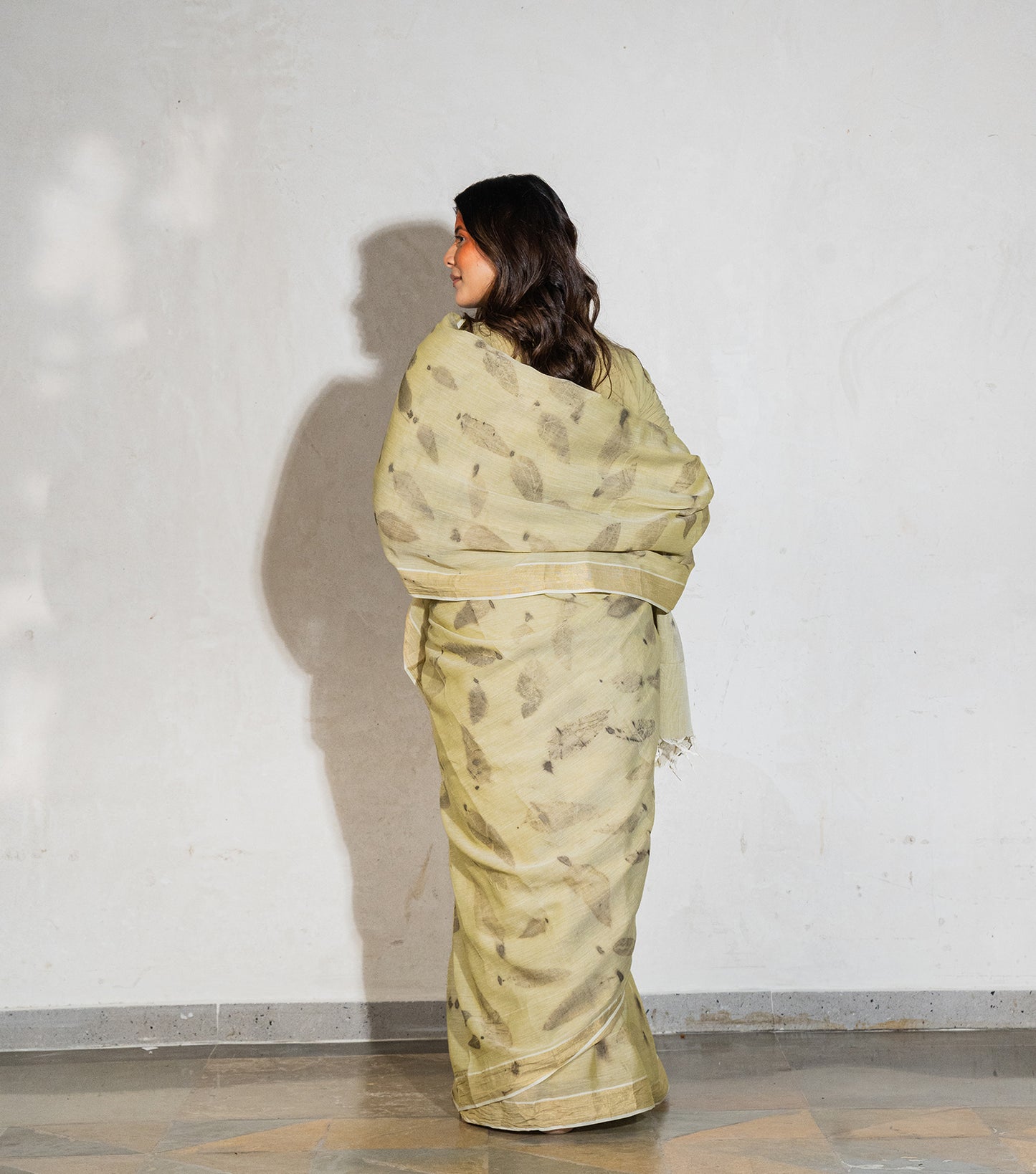 Eucalyptus Leaves All Over Light Green Cotton Saree (Hand Dyed With Spinach Extract)