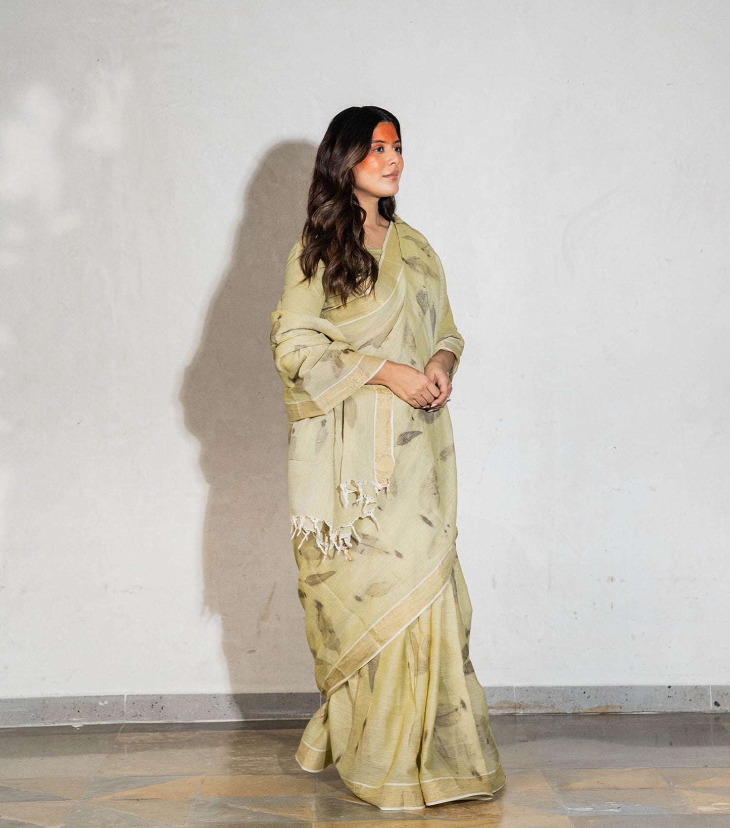 Eucalyptus Leaves All Over Light Green Cotton Saree (Hand Dyed With Spinach Extract)