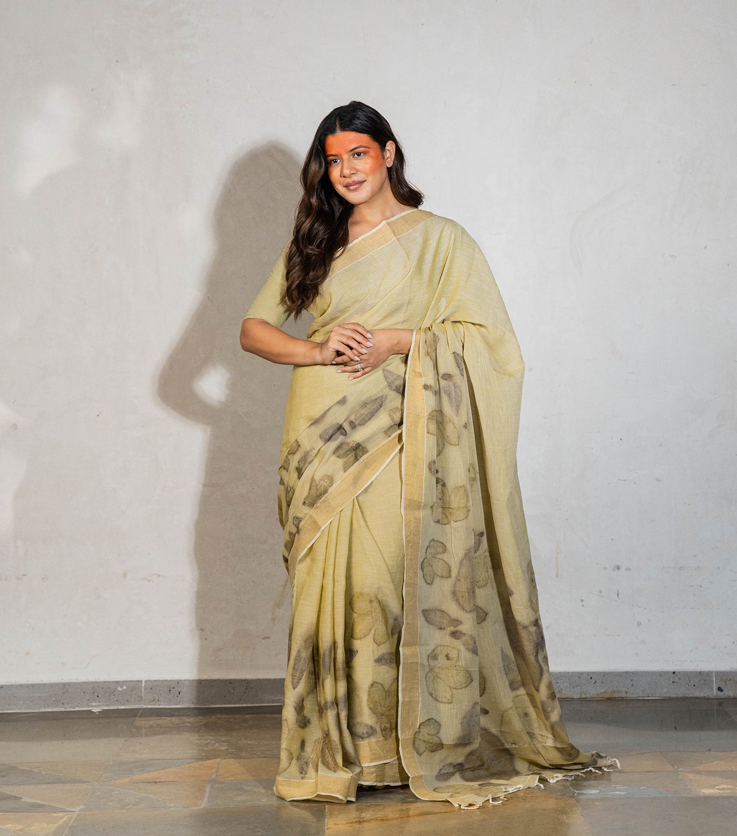 Teak Wood Leaves Pallu & Boarder Design Light Green Cotton Saree (Hand Dyed With Spinach Extract)