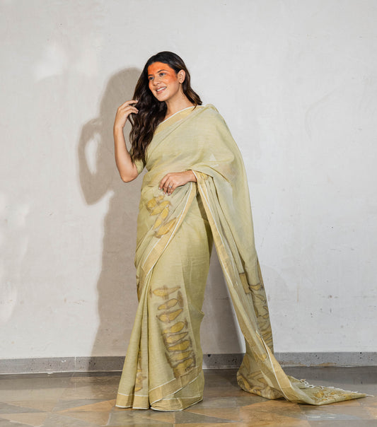 Tiger Design Pallu with Eucalyptus leaves Light Green Cotton Saree (Hand Dyed With Spinach Extract)